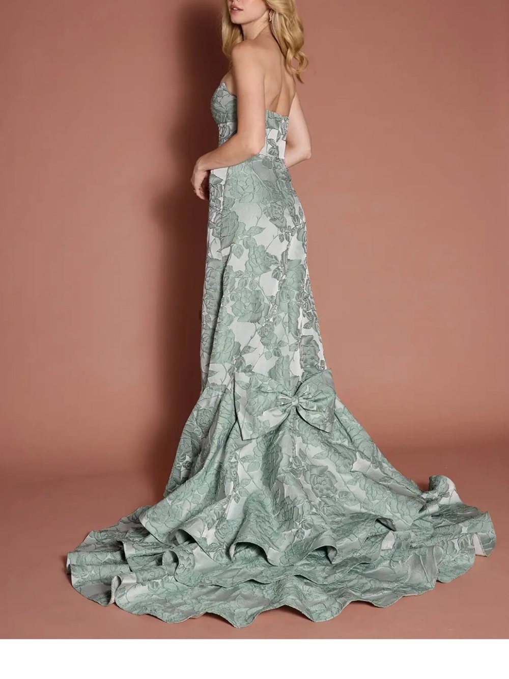 Strapless Mint Floral Jacquard Gown with Bow Train